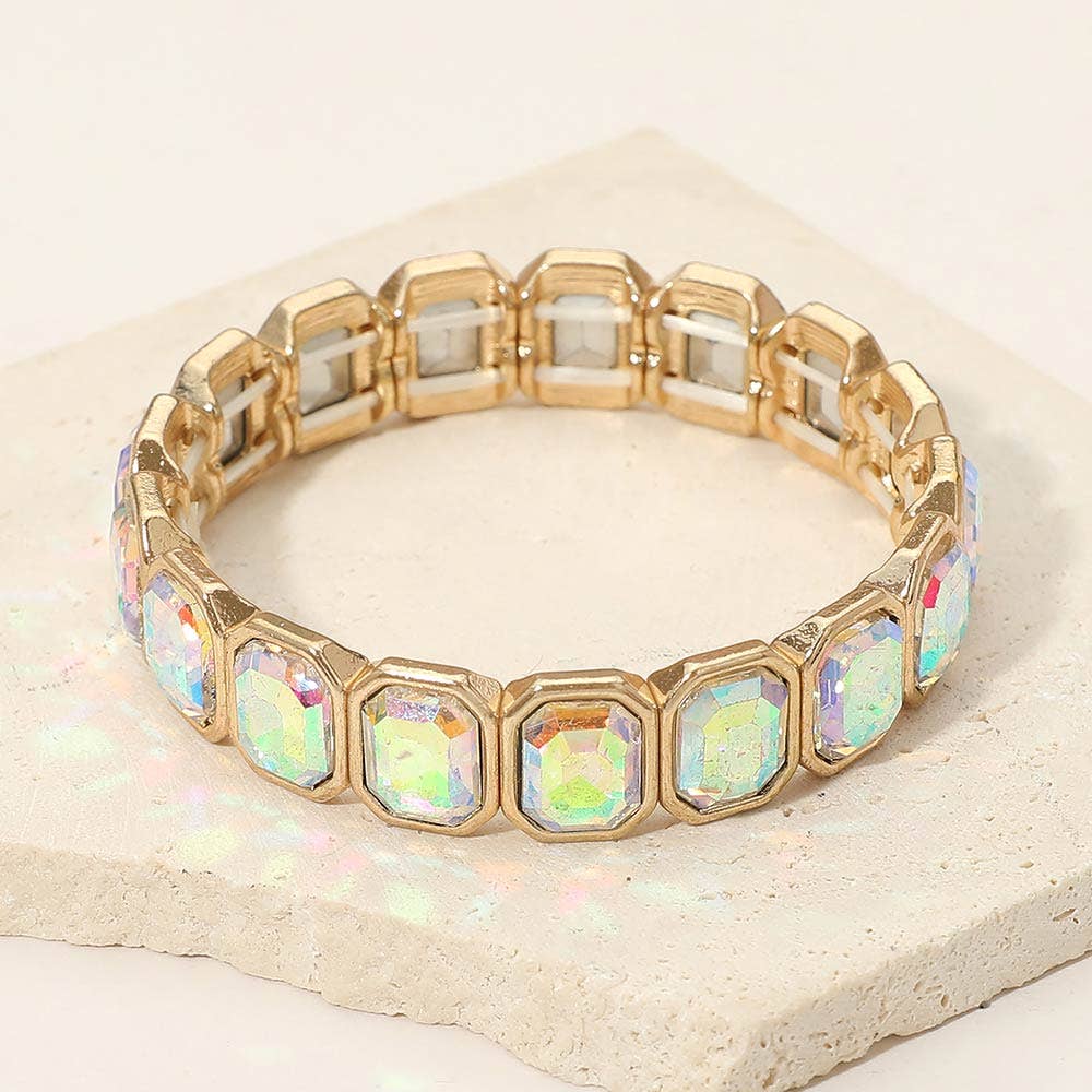 Rectangular Stone Frame Beaded Stretch Bracelet: Clear,Rhodium