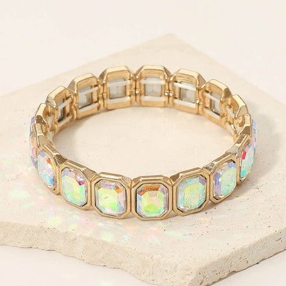 Rectangular Stone Frame Beaded Stretch Bracelet: Clear,Rhodium