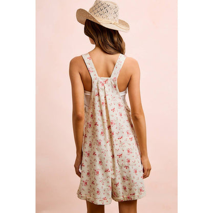 FLORAL TWILL PRINTED CHEST POCKET DETAIL SHORTALL: CREAM/PINK