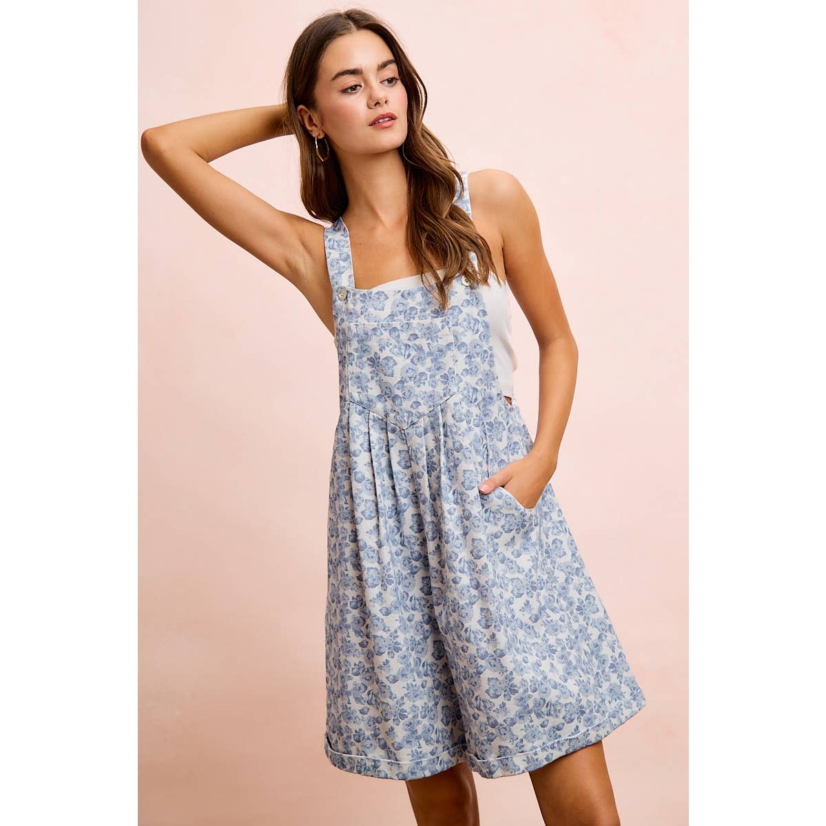 WASHED TWILL FLOWER PRINTED SHORTALL WITH POCKETS: DENIM
