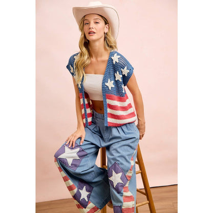 4TH OF JULY AMERICAN FLAG CROCHET SHORT SLEEVE CARDIGAN: AMERICAN FLAG
