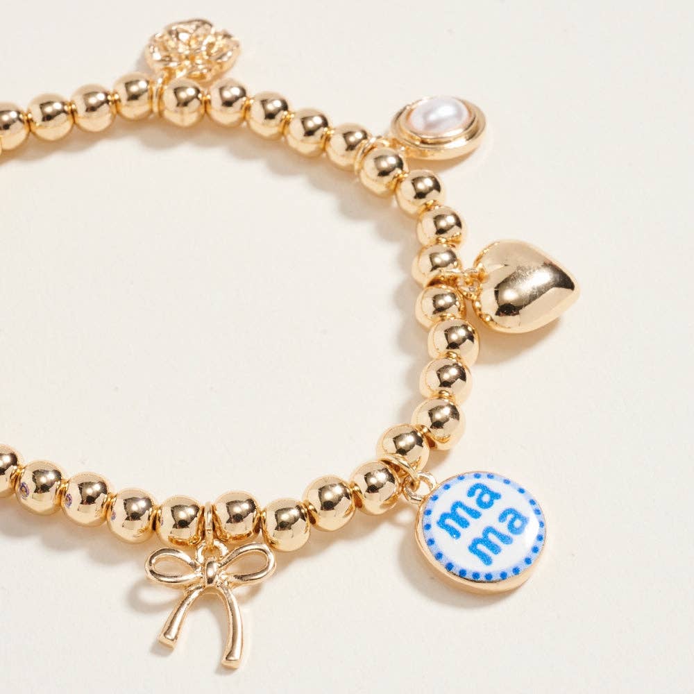 7.25 In Metallic Bead Mama Charm Stretch Bracelet: Blue / ONE