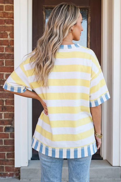Summer 2026 Exposed Seam Contrast Patchwork Oversized Top: Yellow Stripe