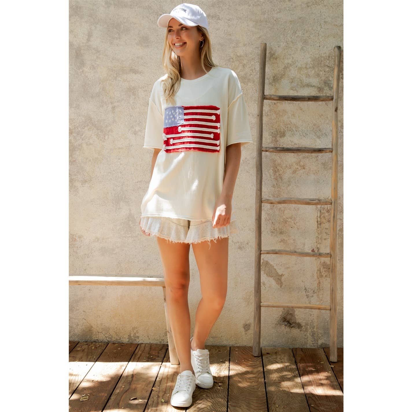 AMERICAN FLAG MINERAL WASH TOP (ST7304-C): Cream / S-M-L(2-2-2)
