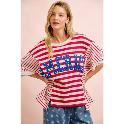 4TH OF JULY STRIPE MIX AND MATCH AMERICA PATCHWORK TOP: RED STRIPE