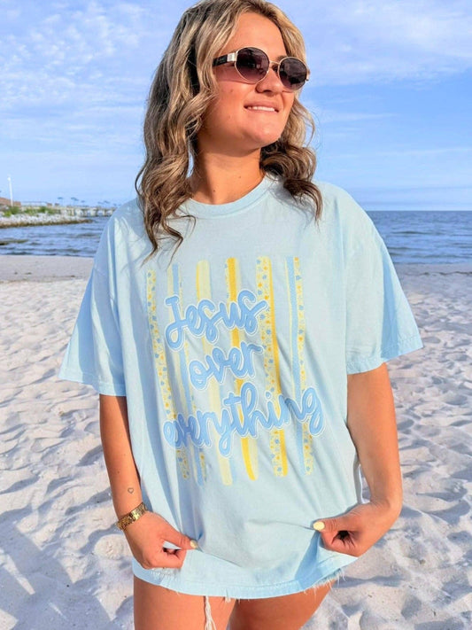 Jesus Over Everything Yellow Stripe FAITH108 DTF: Chambray CC tee