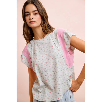 FLORAL RIB CUT EDGE DETAIL SHORT SLEEVES TOP: H Blush