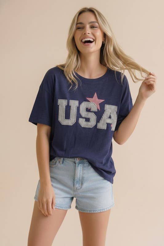 Short Sleeve Oversized Star and Usa Patchwork: Navy