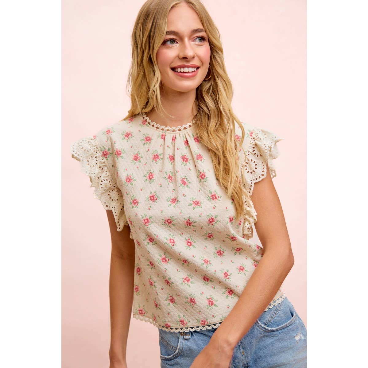 FLOWER PRINTED LACE TRIM EDGE DETAIL BLOUSE TOP: RED FLOWER