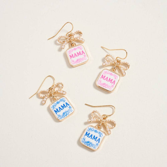 1.25 Inch Mama Enamel Charm Pearl Ribbon Earrings: Blue / ONE