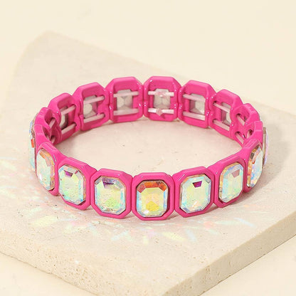 Rectangular Stone Frame Beaded Stretch Bracelet: Clear,Rhodium