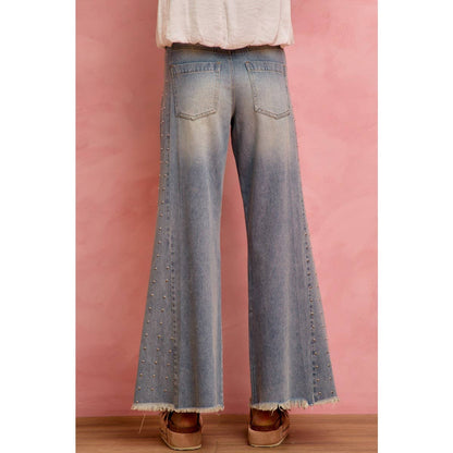 MID RISE WIDE LEG EMBELLISHED JEANS DENIM PANTS: DENIM / S