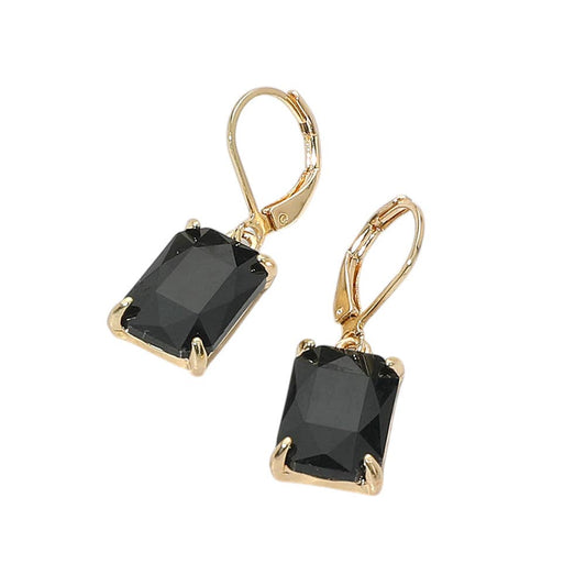 Rectangular Glass Stone Drop Dangle Earrings: Black