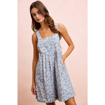 WASHED TWILL FLOWER PRINTED SHORTALL WITH POCKETS: DENIM
