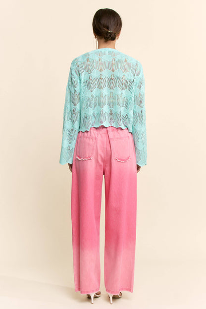 PEARL STONE BEACH LETTERING CROCHET SWEATER TOP: AQUA BLUE