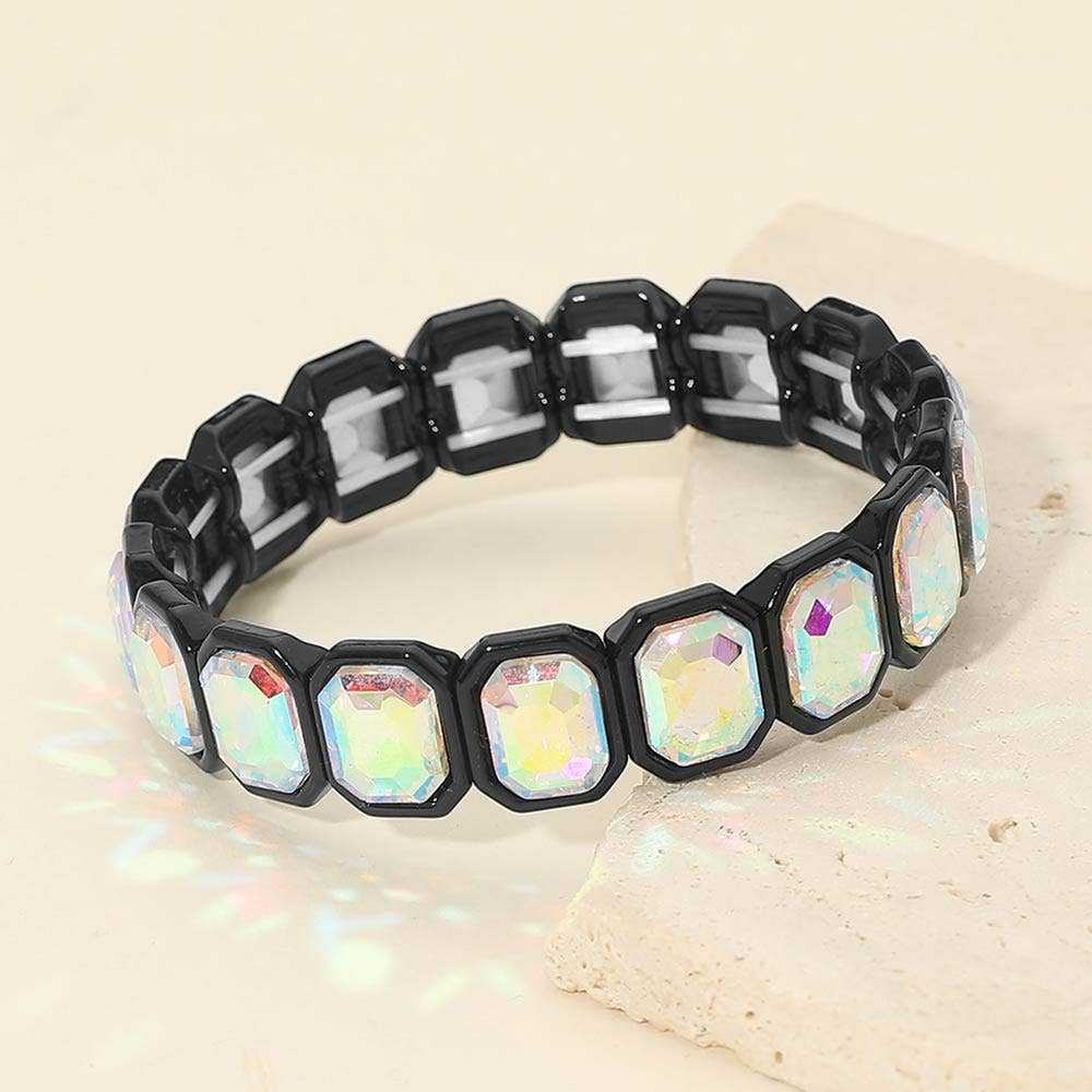 Rectangular Stone Frame Beaded Stretch Bracelet: Clear,Rhodium