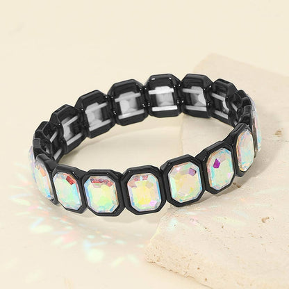 Rectangular Stone Frame Beaded Stretch Bracelet: Clear,Rhodium