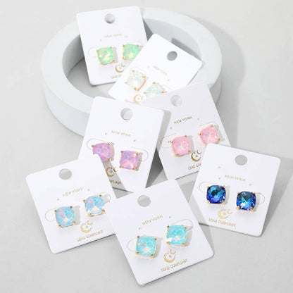 Cushion Square Stone Stud Evening Earrings: AQ-AB