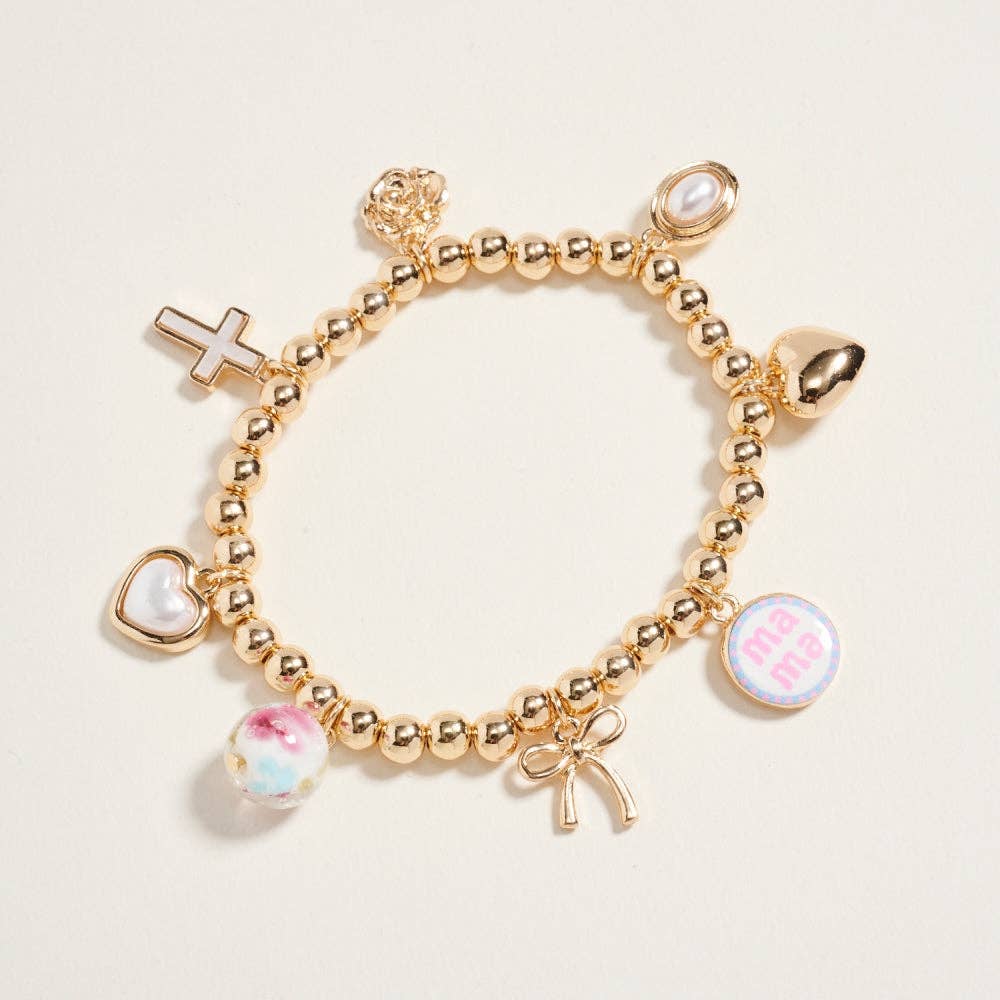 7.25 In Metallic Bead Mama Charm Stretch Bracelet: Blue / ONE