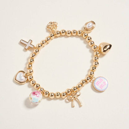 7.25 In Metallic Bead Mama Charm Stretch Bracelet: Blue / ONE