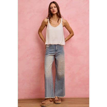 MID RISE WIDE LEG EMBELLISHED JEANS DENIM PANTS: DENIM / S