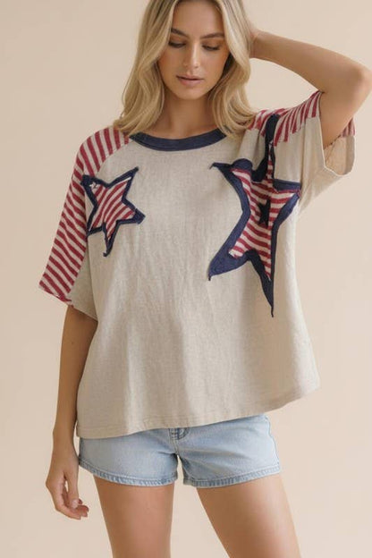 Plus Oversized Star Patch Stripe Color Block Top: Oatmeal/Red/Navy /
