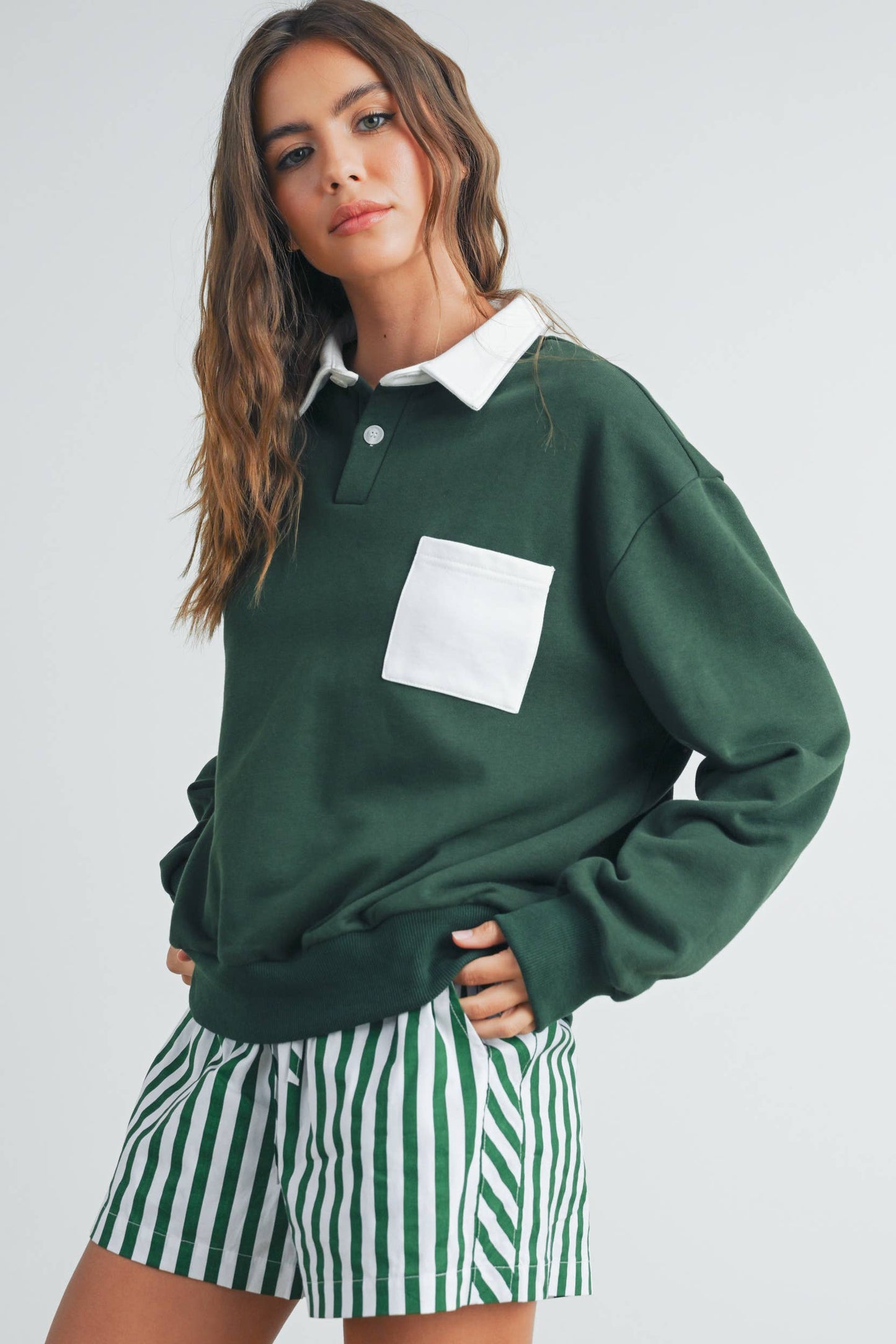 Striped Drawstring Pocket Boxer Shorts - BMP7534: GREEN / IVORY