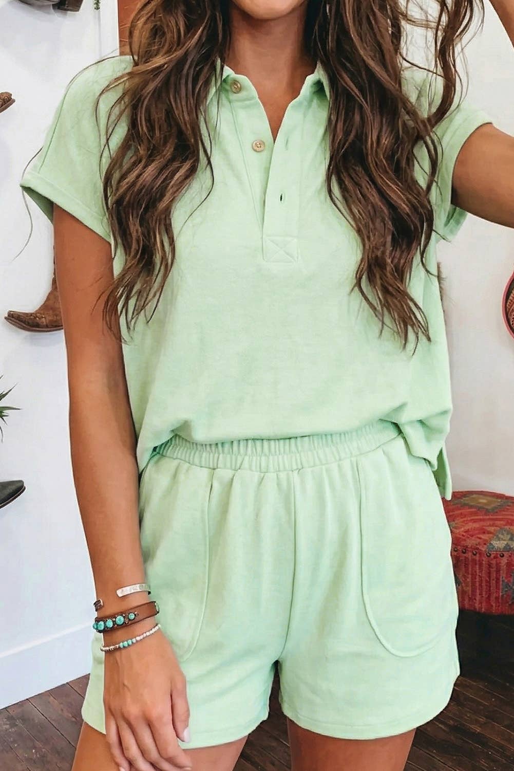 Summer Solid Loose Polo Tee Elastic Waist 2pcs Short Set: Yellow Cream / M