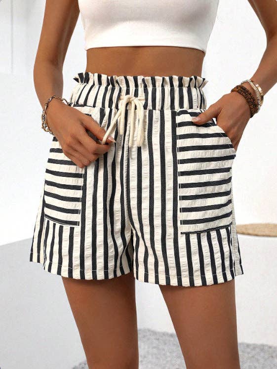 High-Waisted Drawstring Striped Shorts: WHITE