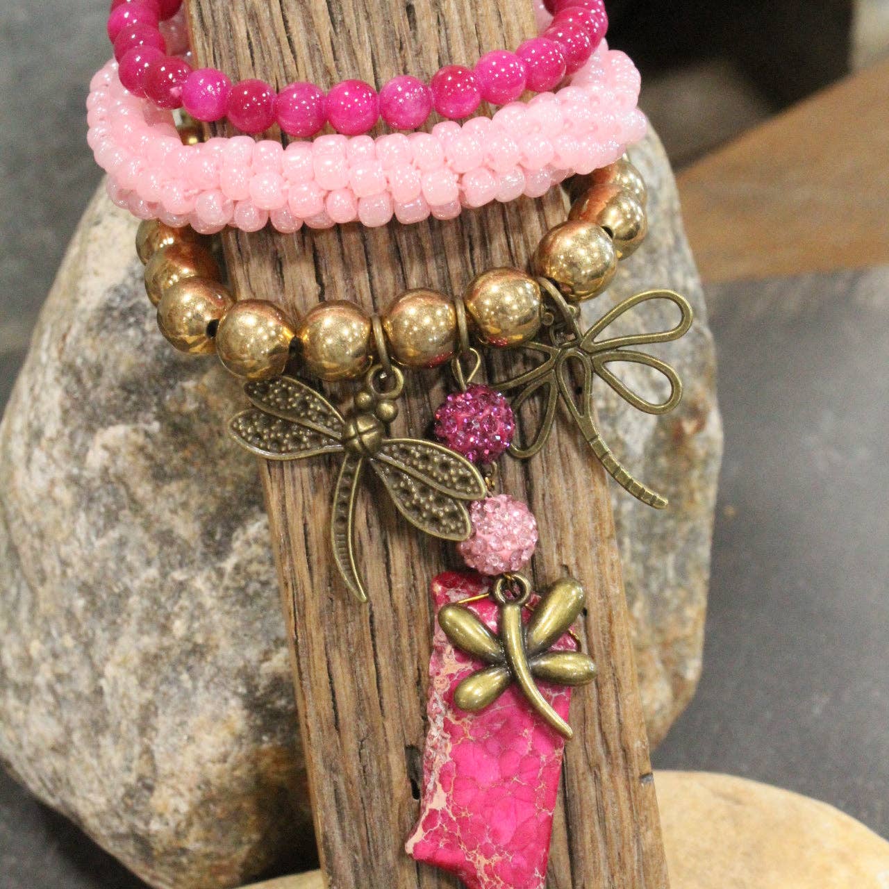 Gliding Strawberry Dragonfly Bracelet Set