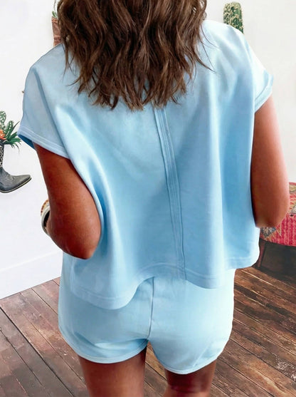 Summer Solid Loose Polo Tee Elastic Waist 2pcs Short Set: Green / XL