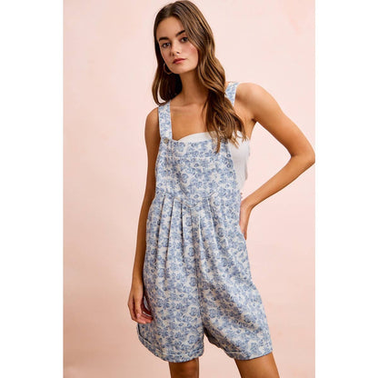 WASHED TWILL FLOWER PRINTED SHORTALL WITH POCKETS: DENIM
