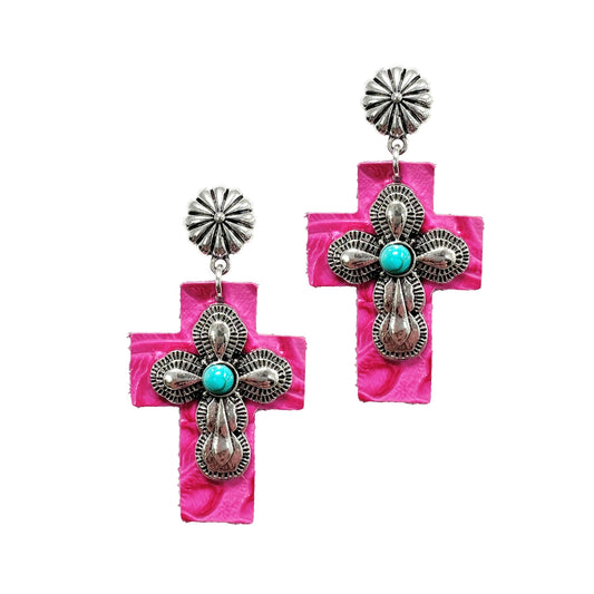Silver Cross Earrings with Pink Leather Backing: Fuchsia / One Size