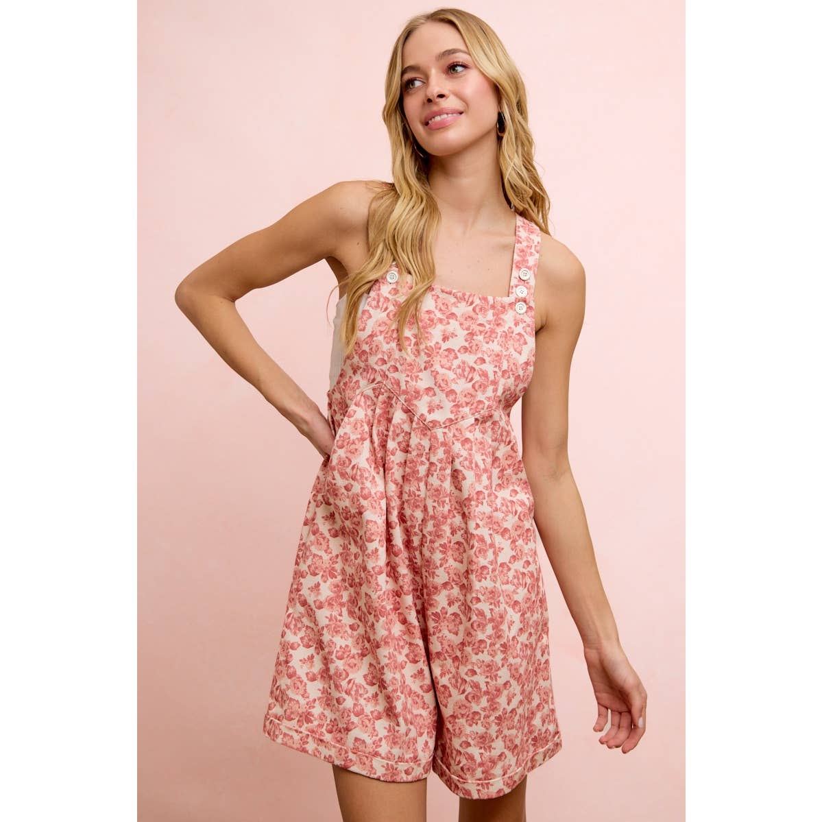 WASHED TWILL FLOWER PRINTED SHORTALL WITH POCKETS: DENIM