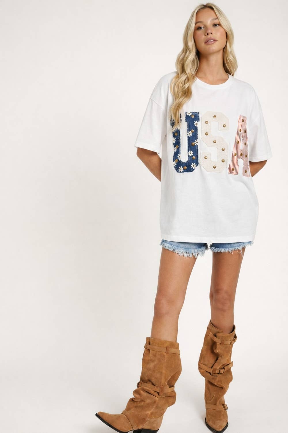 Mixed-Media Studded USA Graphic Tee: WHITE