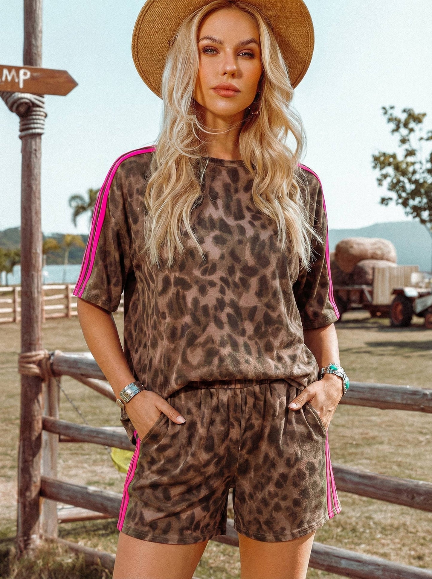 Leopard Raw Seam Patched Pullover Drawstring Loose Pant Set: Brown Short Set