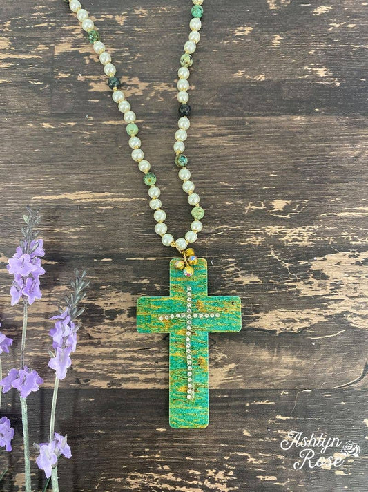 Turquoise Brushed Bling Cross Cutout Necklace, Gold: Turquoise / One Size