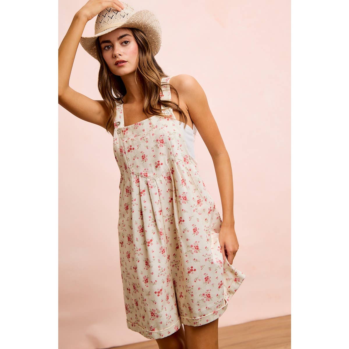 FLORAL TWILL PRINTED CHEST POCKET DETAIL SHORTALL: CREAM/PINK