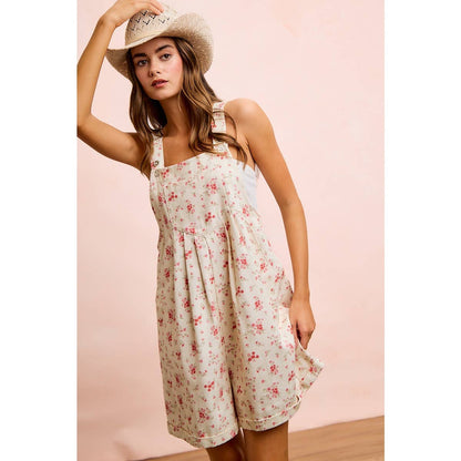 FLORAL TWILL PRINTED CHEST POCKET DETAIL SHORTALL: CREAM/PINK
