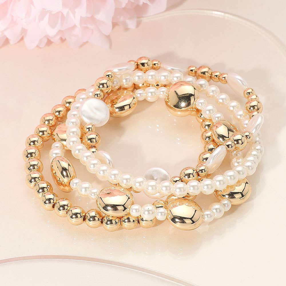 4PCS - Pearl Disc Metal Ball Beaded Stretch Multi Layered Bracelets: Yellow Gold
