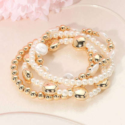 4PCS - Pearl Disc Metal Ball Beaded Stretch Multi Layered Bracelets: Yellow Gold