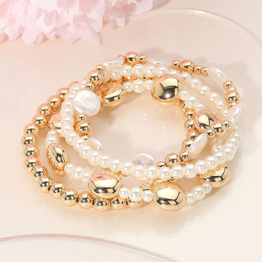 4PCS - Pearl Disc Metal Ball Beaded Stretch Multi Layered Bracelets: Yellow Gold