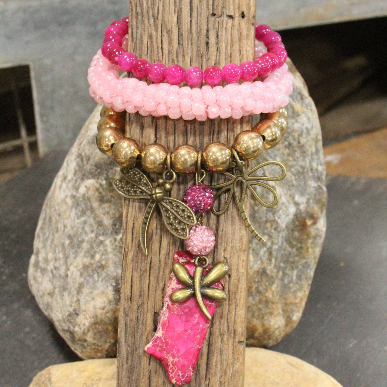 Gliding Strawberry Dragonfly Bracelet Set