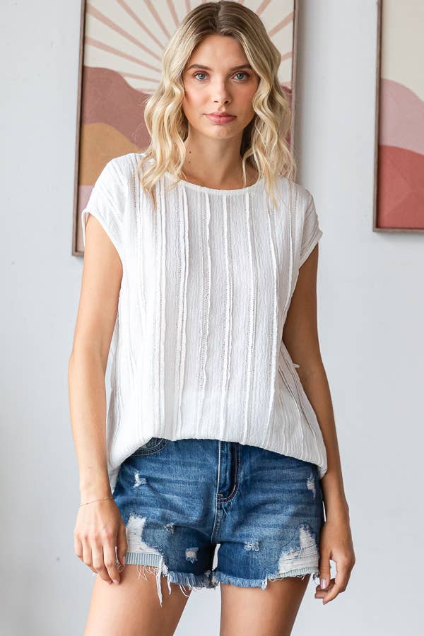 Lightweight Stripe Textured Cap Sleeves Blouse T5948: Pink