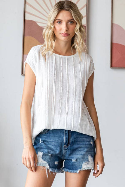 Lightweight Stripe Textured Cap Sleeves Blouse T5948: Pink