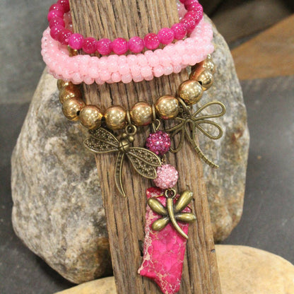 Gliding Strawberry Dragonfly Bracelet Set