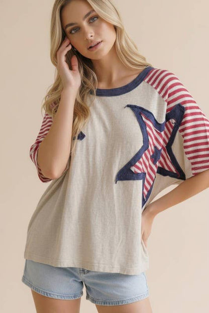 Plus Oversized Star Patch Stripe Color Block Top: Oatmeal/Red/Navy /