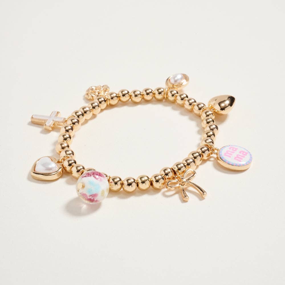 7.25 In Metallic Bead Mama Charm Stretch Bracelet: Blue / ONE