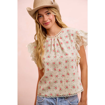 FLOWER PRINTED LACE TRIM EDGE DETAIL BLOUSE TOP: RED FLOWER