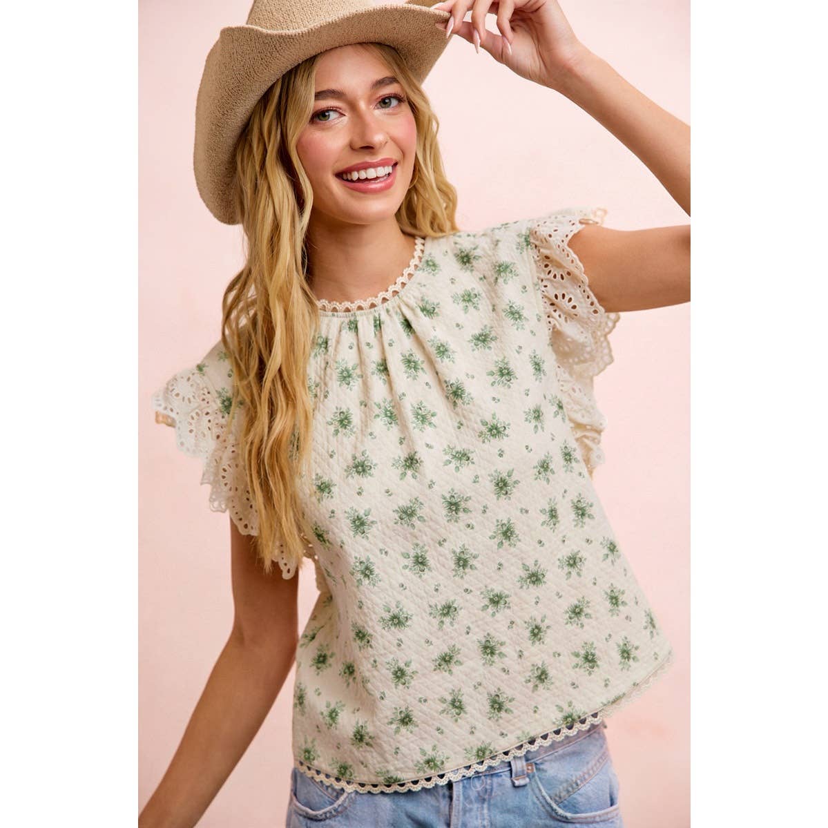 FLOWER PRINTED LACE TRIM EDGE DETAIL BLOUSE TOP: RED FLOWER